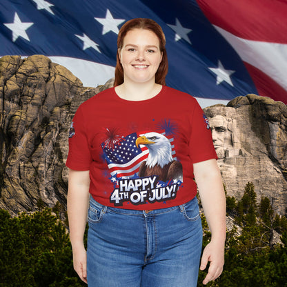 Happy 4th of July,  Print Design, Unisex T-Shirt, Patriotic Print Design, Independence Day Shirt, Red White Blue Shirt, USA Tee Gift, Gift For Her, Gift For Him, American Flag, Bald Eagle