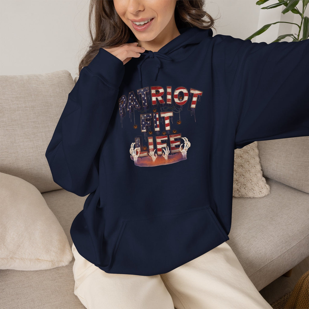 Halloween Patriot Fit Life Hoodie – American Flag Pumpkin Drip Graphic Pullover