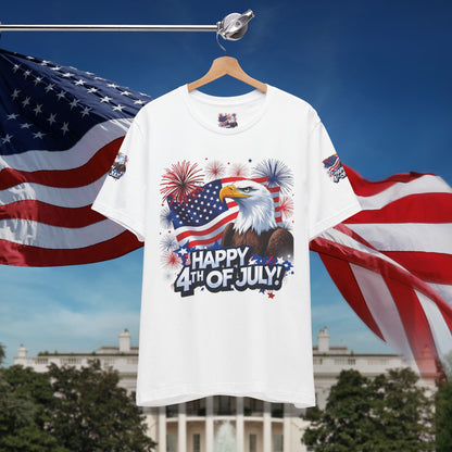 Happy 4th of July,  Print Design, Unisex T-Shirt, Patriotic Print Design, Independence Day Shirt, Red White Blue Shirt, USA Tee Gift, Gift For Her, Gift For Him, American Flag, Bald Eagle