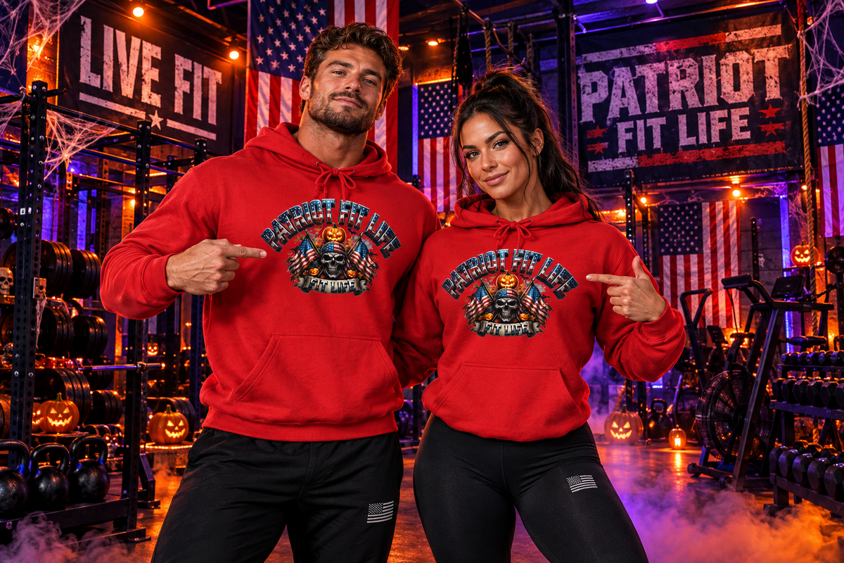 Patriot Fit Life Halloween Hoodie - Skull Crossed Flags & Pumpkins | Warrior Edition | Unisex S-5XL