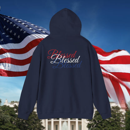 Blessed Hoodie – Patriotic Red, White & Blue Unisex Pullover Sweatshirt with Front & Back Print – Cozy, Positive Vibes Gift