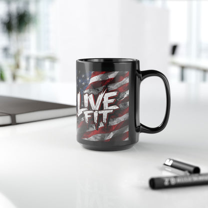 Stylish Black Ceramic Mug - LIVE FIT Design - American Flag Backdrop - Red White Blue