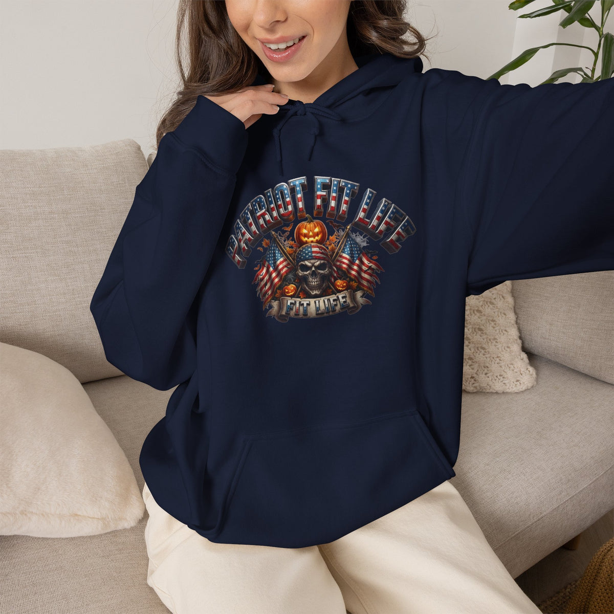 Patriot Fit Life Halloween Hoodie - Skull Crossed Flags & Pumpkins | Warrior Edition | Unisex S-5XL