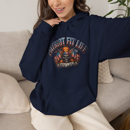 Patriot Fit Life Halloween Hoodie - Skull Crossed Flags & Pumpkins | Warrior Edition | Unisex S-5XL