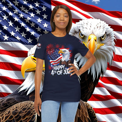 Happy 4th of July,  Print Design, Unisex T-Shirt, Patriotic Print Design, Independence Day Shirt, Red White Blue Shirt, USA Tee Gift, Gift For Her, Gift For Him, American Flag, Bald Eagle