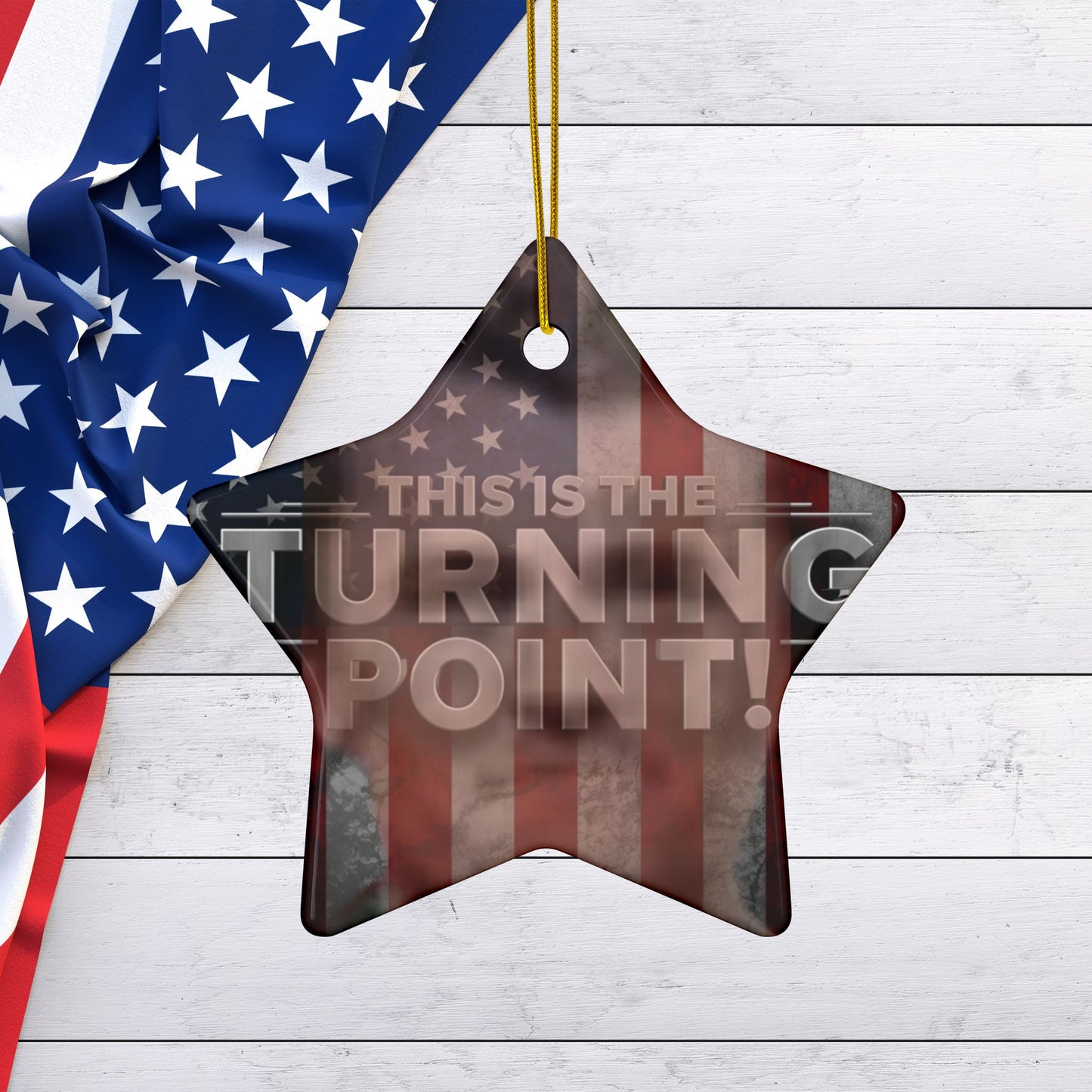 Patriotic Ceramic Ornaments - Charlie Kirk Inspired - This Is The Turning Point! - American Flag Backdrop