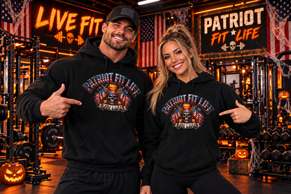Patriot Fit Life Halloween Hoodie - Skull Crossed Flags & Pumpkins | Warrior Edition | Unisex S-5XL