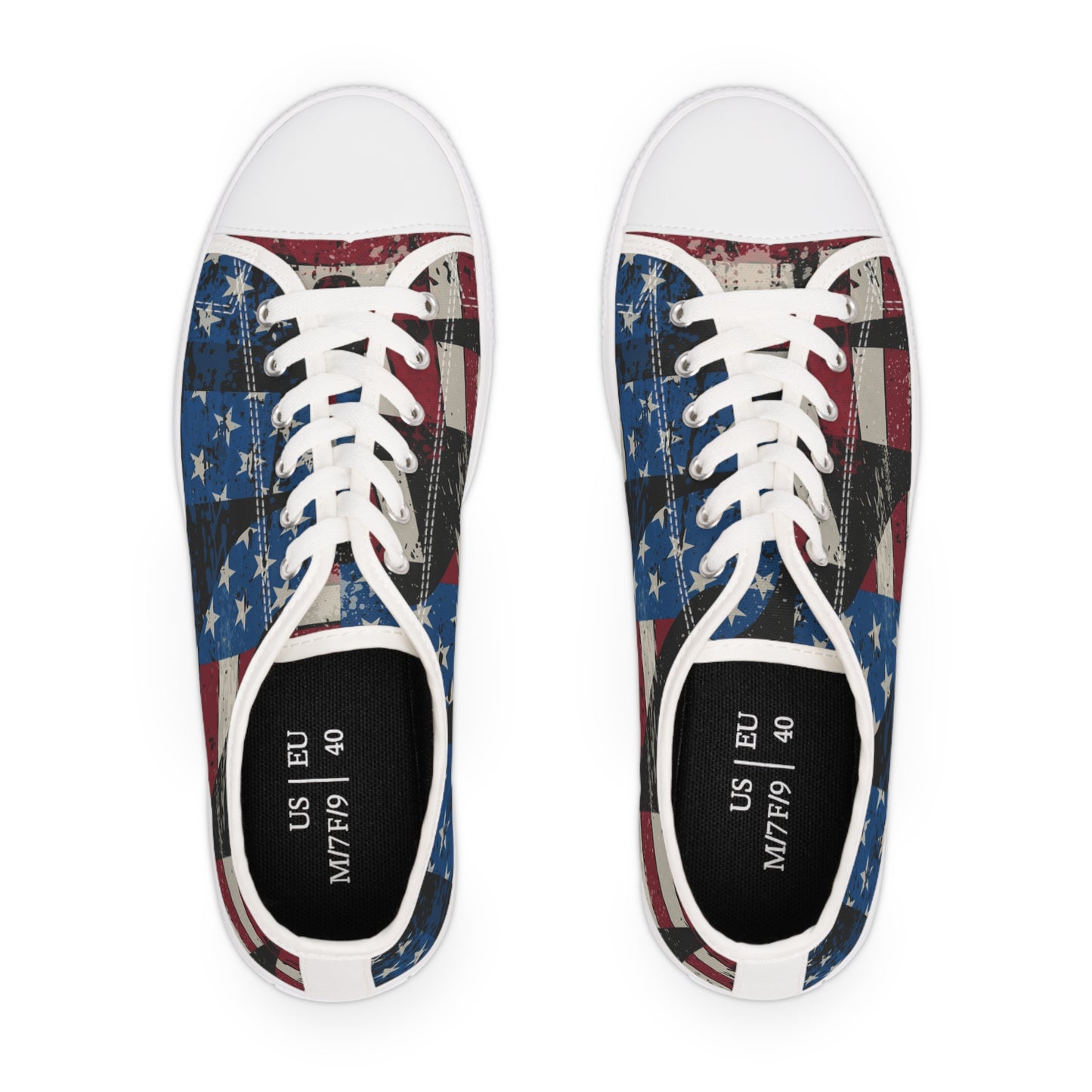 Eye-Catching - All Over Print - USA - Red White & Blue - Low Top Sneakers - Choice of White Sole - or Black Sole