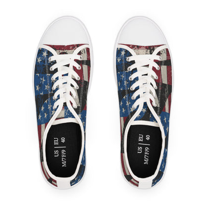 Eye-Catching - All Over Print - USA - Red White & Blue - Low Top Sneakers - Choice of White Sole - or Black Sole
