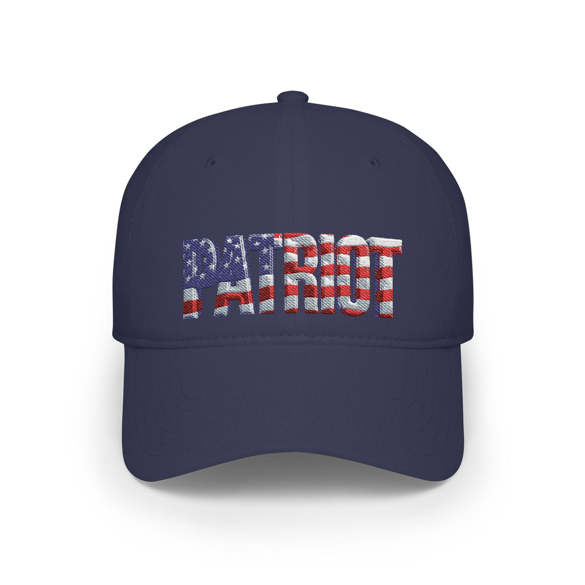 A navy blue baseball cap featuring the word 'PATRIOT' embroidered across the front in an American flag pattern with red and white stripes and white stars on a blue field, shown against a plain white background.
