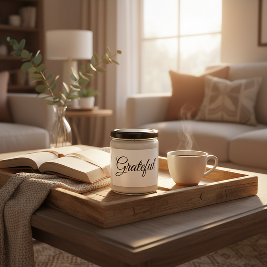 Grateful Print Scented Soy Candle - Relaxing Home Decor - Holiday Gift - Thoughtful Gift - Cozy Atmosphere - 9oz - 50-60 Hours Burn Time -