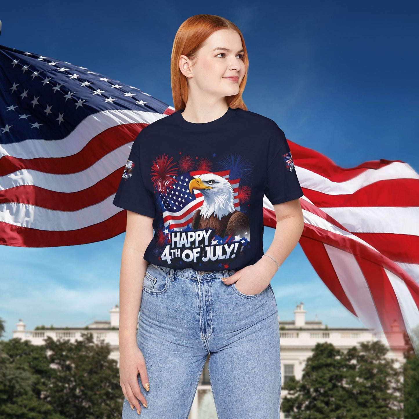 Happy 4th of July,  Print Design, Unisex T-Shirt, Patriotic Print Design, Independence Day Shirt, Red White Blue Shirt, USA Tee Gift, Gift For Her, Gift For Him, American Flag, Bald Eagle