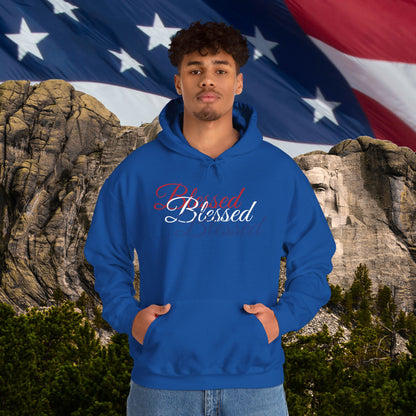 Blessed Hoodie – Patriotic Red, White & Blue Unisex Pullover Sweatshirt with Front & Back Print – Cozy, Positive Vibes Gift