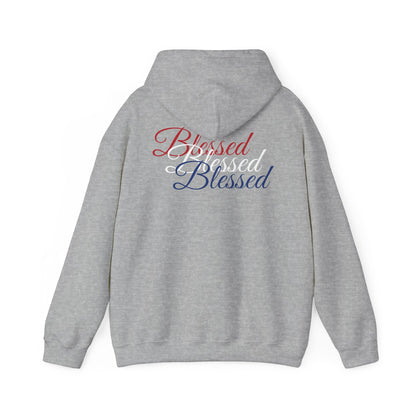 Blessed Hoodie – Patriotic Red, White & Blue Unisex Pullover Sweatshirt with Front & Back Print – Cozy, Positive Vibes Gift