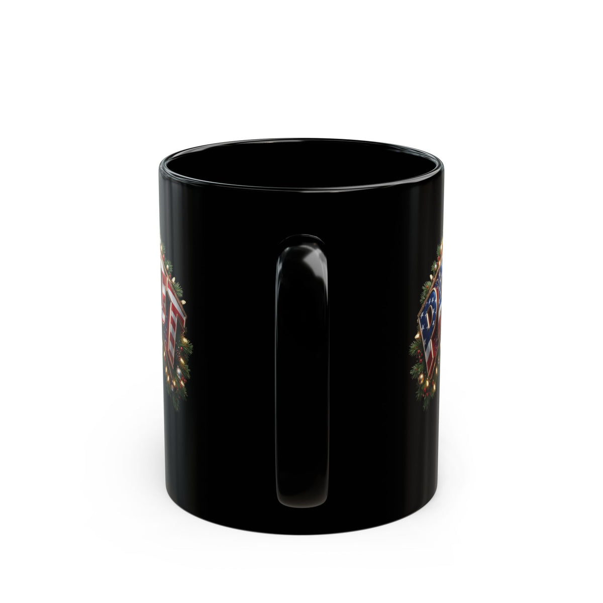 Patriot Holiday Mug — Festive American Flag Lettering on Glossy Black Ceramic Coffee Mug