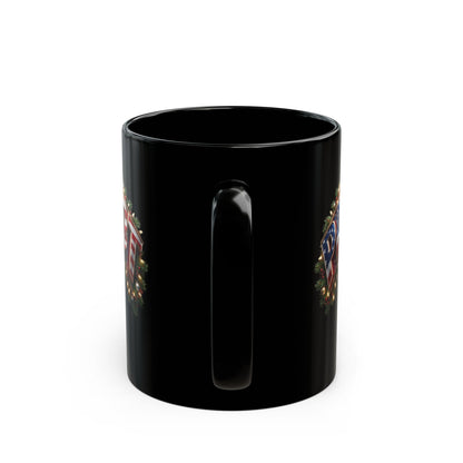 Patriot Holiday Mug — Festive American Flag Lettering on Glossy Black Ceramic Coffee Mug