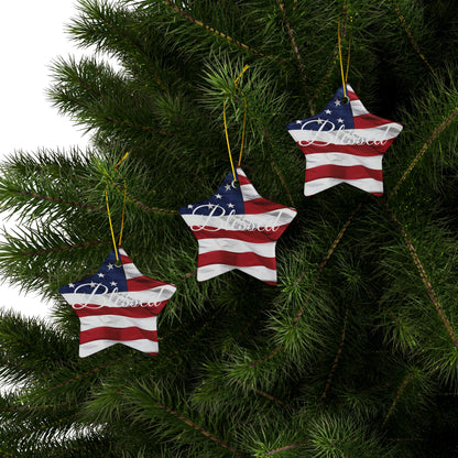 Ceramic Ornaments - White Blessed Print - American Flag Backdrop - Red White & Blue Design (1-10pcs)