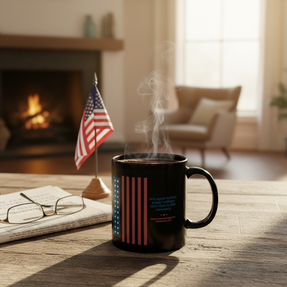 Veteran Appreciation Black Mug — "We appreciate your valiant service to the country" Patriotic Flag Coffee Cup (11oz/15oz)