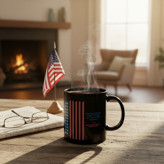 Veteran Appreciation Black Mug — "We appreciate your valiant service to the country" Patriotic Flag Coffee Cup (11oz/15oz)