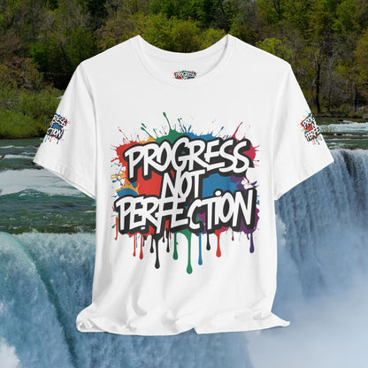 💥 Vibrant   💥   Eye-catching   💥   Motivational    💥 All  Over Print   💥 Unisex T-shirt  💥   Progress  Not  Perfection   💥  Art-Inspired   💥  Apparel  💥  Sizes  XS  x  4XL 💥
