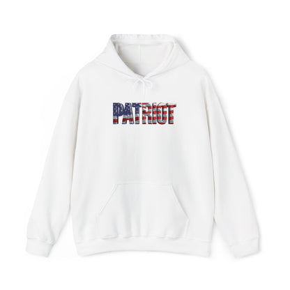A white pullover hoodie with a front kangaroo pocket and a drawstring hood, featuring the word 'PATRIOT' embroidered across the chest in an American flag pattern of red, white, and blue stripes.