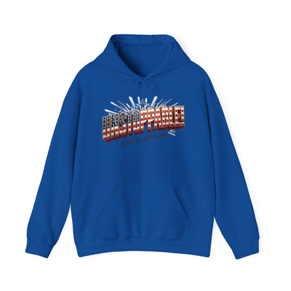 A royal blue pullover hoodie with a graphic on the chest that reads 'UNSTOPPABLE!' in a 3D metallic effect with red, white, and blue tones, and the phrase 'ACHIEVE ANYTHING' underneath. The hoodie is shown against a plain white background.