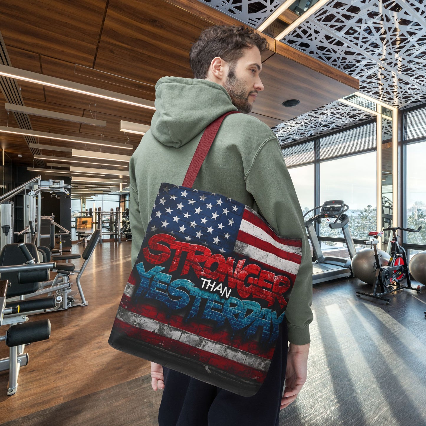 Patriotic Red White Blue Tote Bag - Stronger Than Yesterday - American Flag - Perfect for Fourth of July - Gym - Beach - Shopping - Gifts