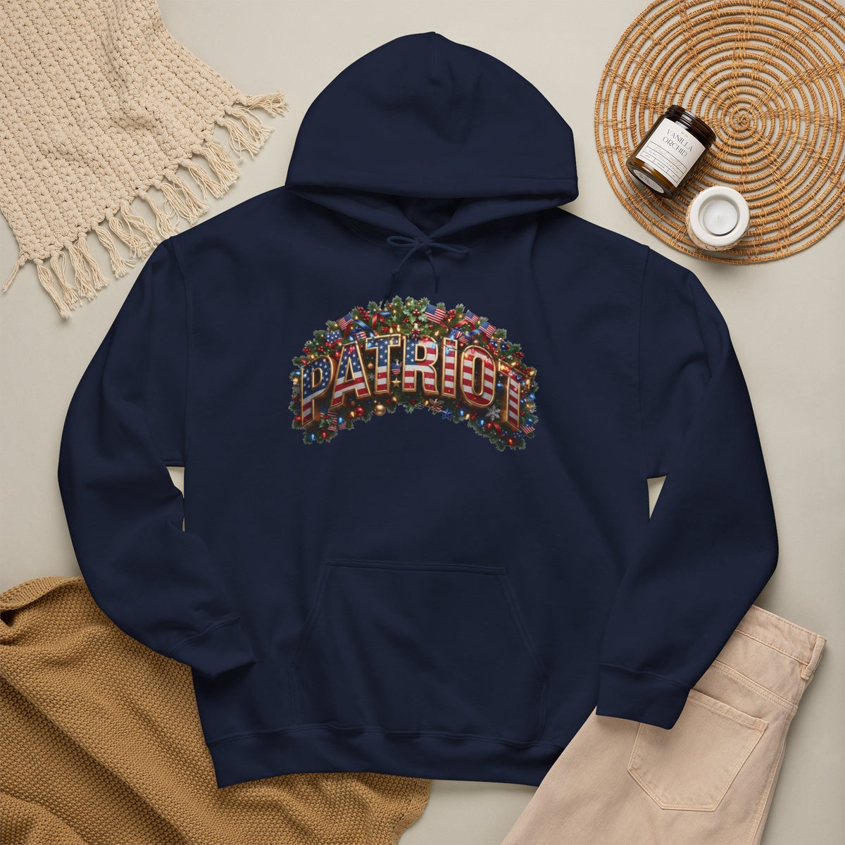Patriot Christmas Hoodie - Full Arch Garland Flag Graphic | String Lights & Flags | Unisex S-5XL - Patriot Fit Life