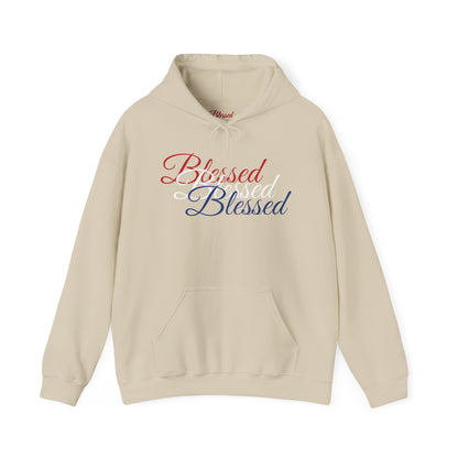 Blessed Hoodie – Patriotic Red, White & Blue Unisex Pullover Sweatshirt with Front & Back Print – Cozy, Positive Vibes Gift