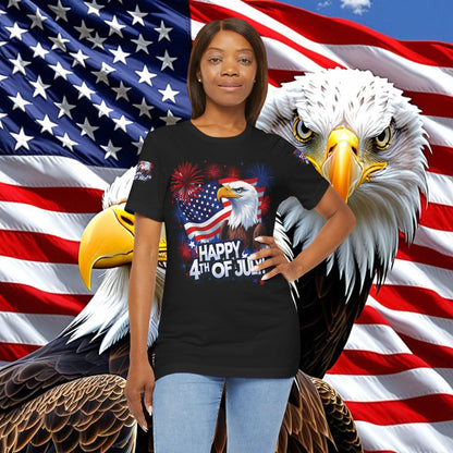 Happy 4th of July,  Print Design, Unisex T-Shirt, Patriotic Print Design, Independence Day Shirt, Red White Blue Shirt, USA Tee Gift, Gift For Her, Gift For Him, American Flag, Bald Eagle