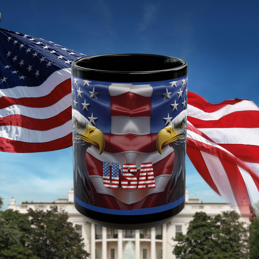 Patriotic USA Bald Eagle Ceramic Coffee Mug – Red, White & Blue American Flag Cup – Black Ceramic 11oz & 15oz – Veterans Day Gift, Independence Day Decor
