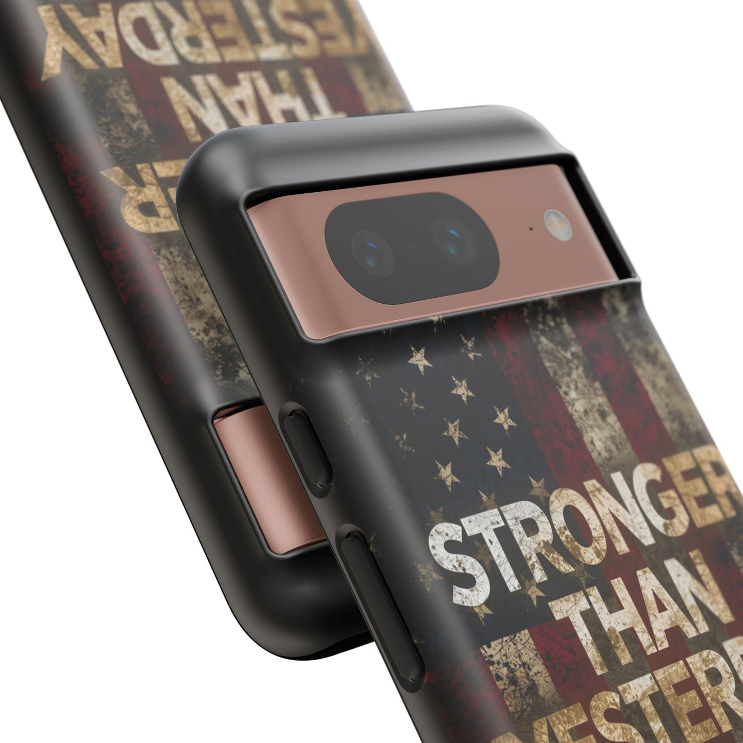 Patriotic Phone Case - Stronger Than Yesterday Print - Against a Vintage American Flag Background - Gift for Veterans, Motivational Quote, USA Pride, Independence Day