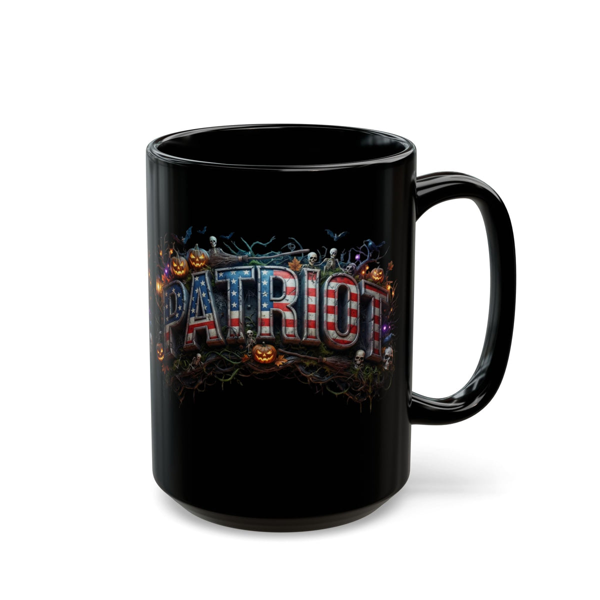 Patriot Halloween Black Coffee Mug - Skeleton Pumpkin Panoramic Flag Graphic | Spooky Edition | 11oz & 15oz