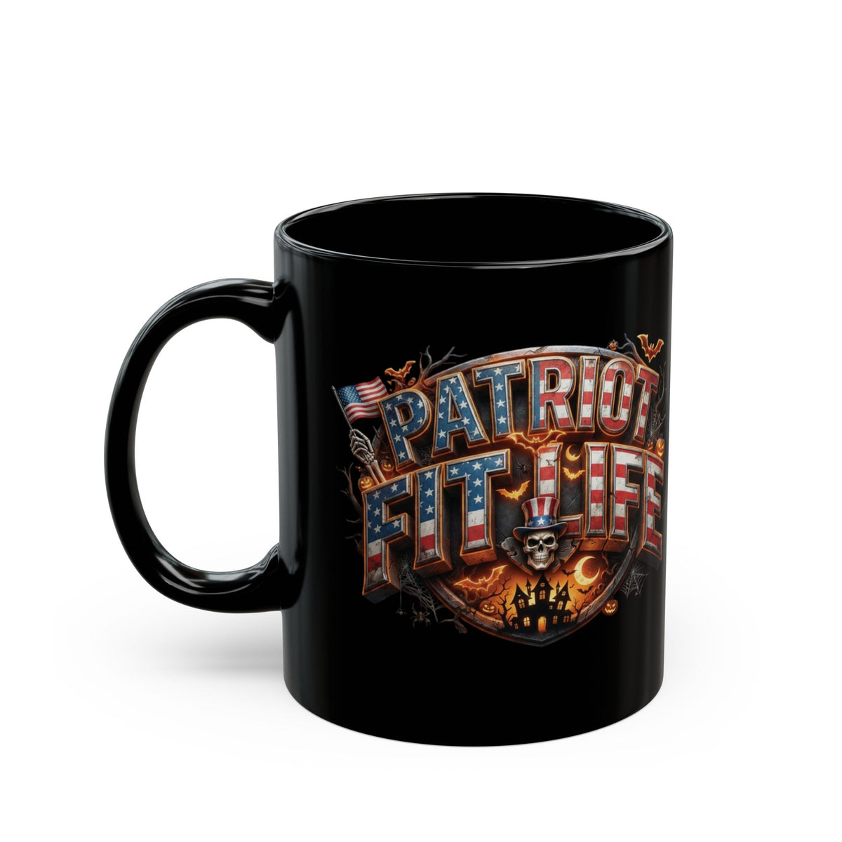 Patriot Fit Life Halloween Coffee Mug - Skull Crest Haunted Flag Graphic | Gothic Edition | 11oz & 15oz