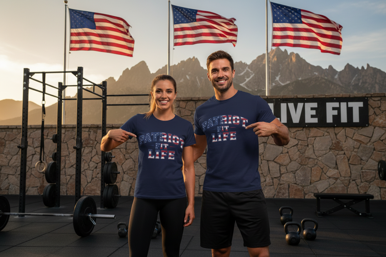 Two people wearing 'Patriot Fit for Life' t-shirts in a fitness setting with American flags in the background.