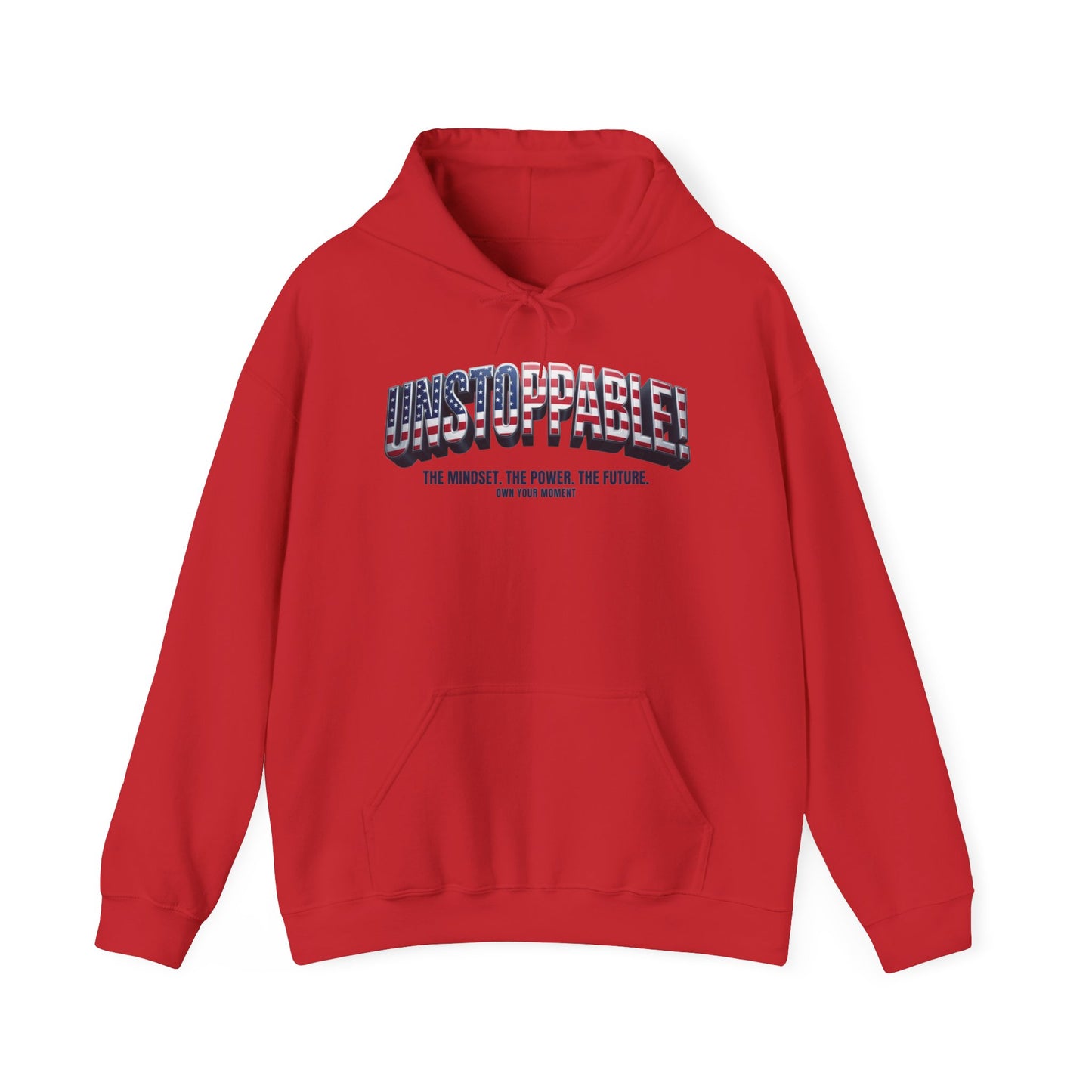 A red pullover hoodie with a front kangaroo pocket and an UNSTOPPABLE! graphic across the chest in an American flag pattern, shown against a plain white background.