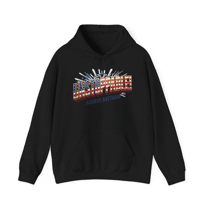 A black pullover hoodie with a graphic on the chest featuring the word 'UNSTOPPABLE!' in an American flag pattern and the phrase 'ACHIEVE ANYTHING' underneath, displayed on a clean white background.