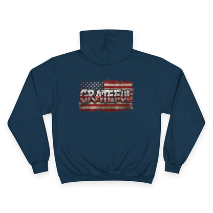 Champion Hoodie - Grateful American Flag - Red White Blue Backdrop