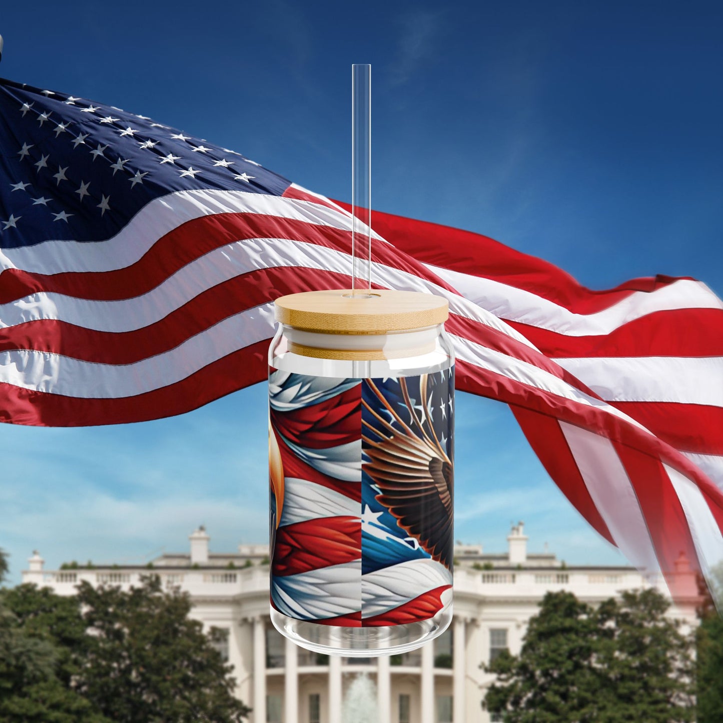 Patriotic American Eagle Sipper Glass - 16oz with Bamboo Lid & Straw - USA Gift