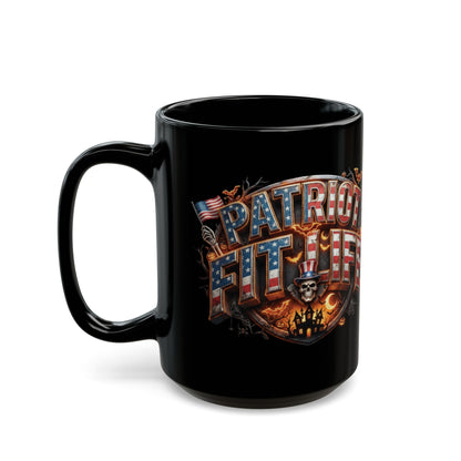 Patriot Fit Life Halloween Black Coffee Mug - Skull Crest Haunted Flag Graphic | 11oz & 15oz