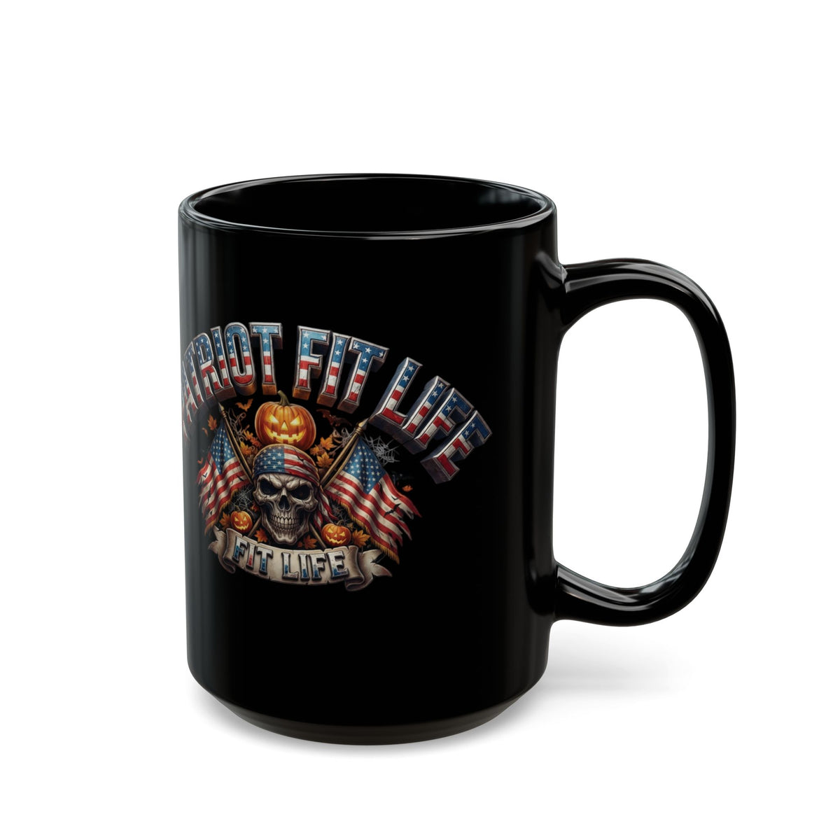Patriot Fit Life Halloween Coffee Mug - Skull Crossed Flags & Pumpkins | Warrior Edition | 11oz & 15oz