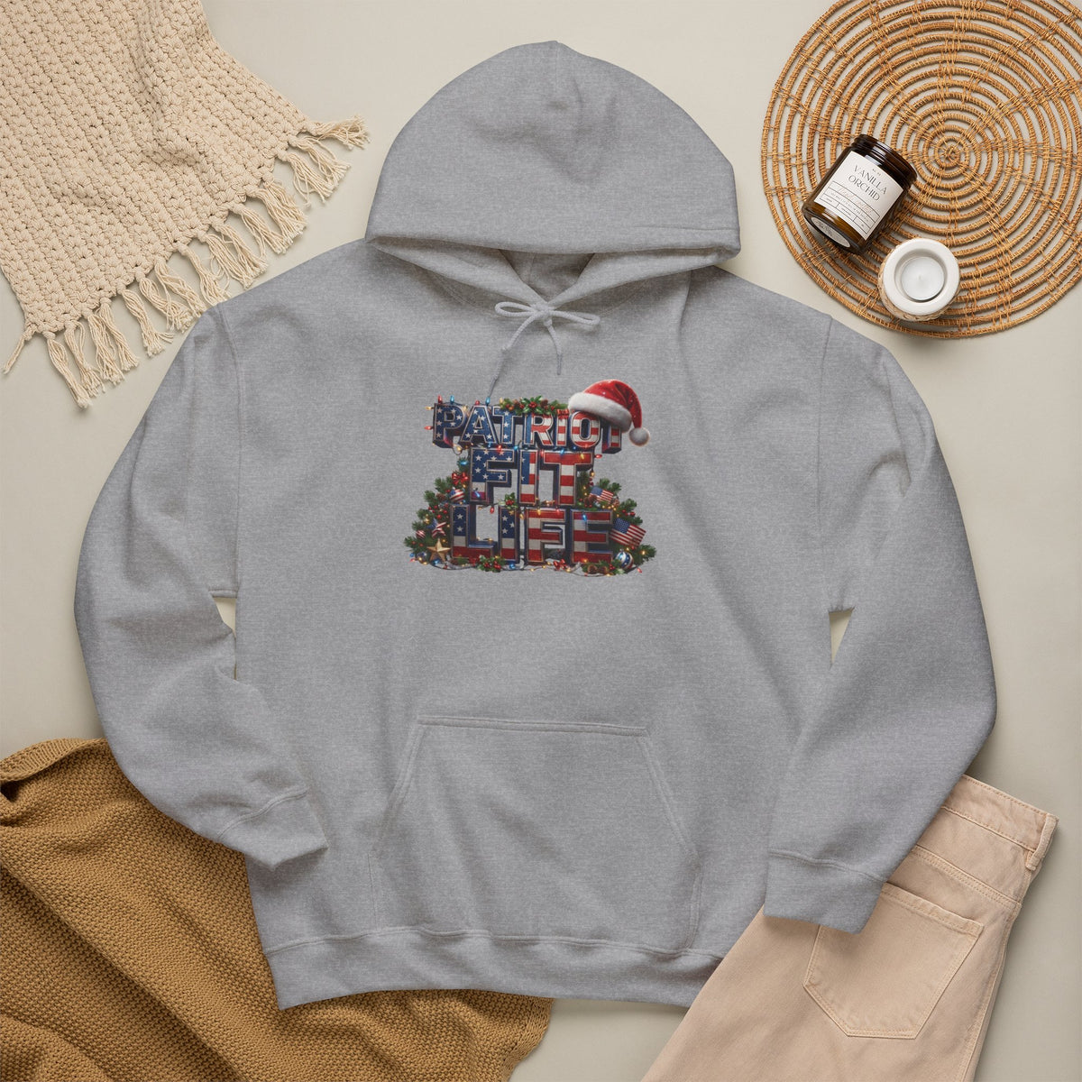 Patriot Fit Life Christmas Hoodie - Three-Line Flag & Garland Design | Unisex S-5XL