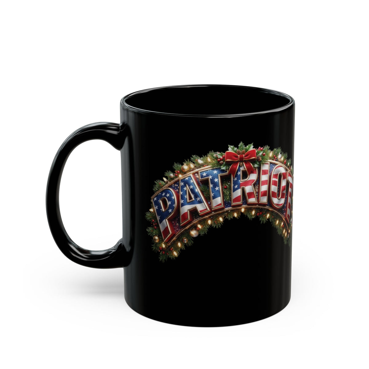 Patriot Holiday Mug — Festive American Flag Lettering on Glossy Black Ceramic Coffee Mug