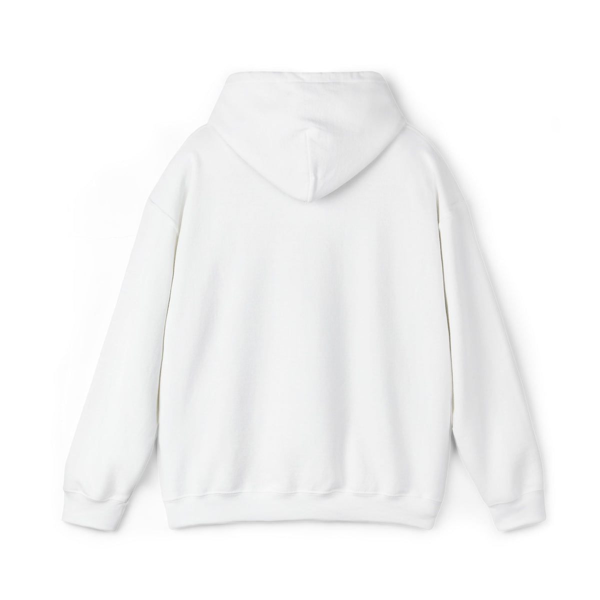 The back of a white hoodie against a white background.