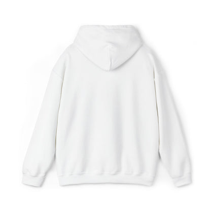 The back of a white hoodie against a white background.