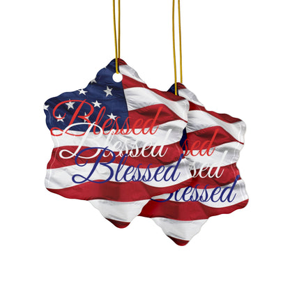 Patriotic Ceramic Ornaments - Blessed Design - American Flag Backdrop - Red White & Blue Blessed Print Design - (Multi-Pack) Options (1, 3, 5, or 10 pieces)