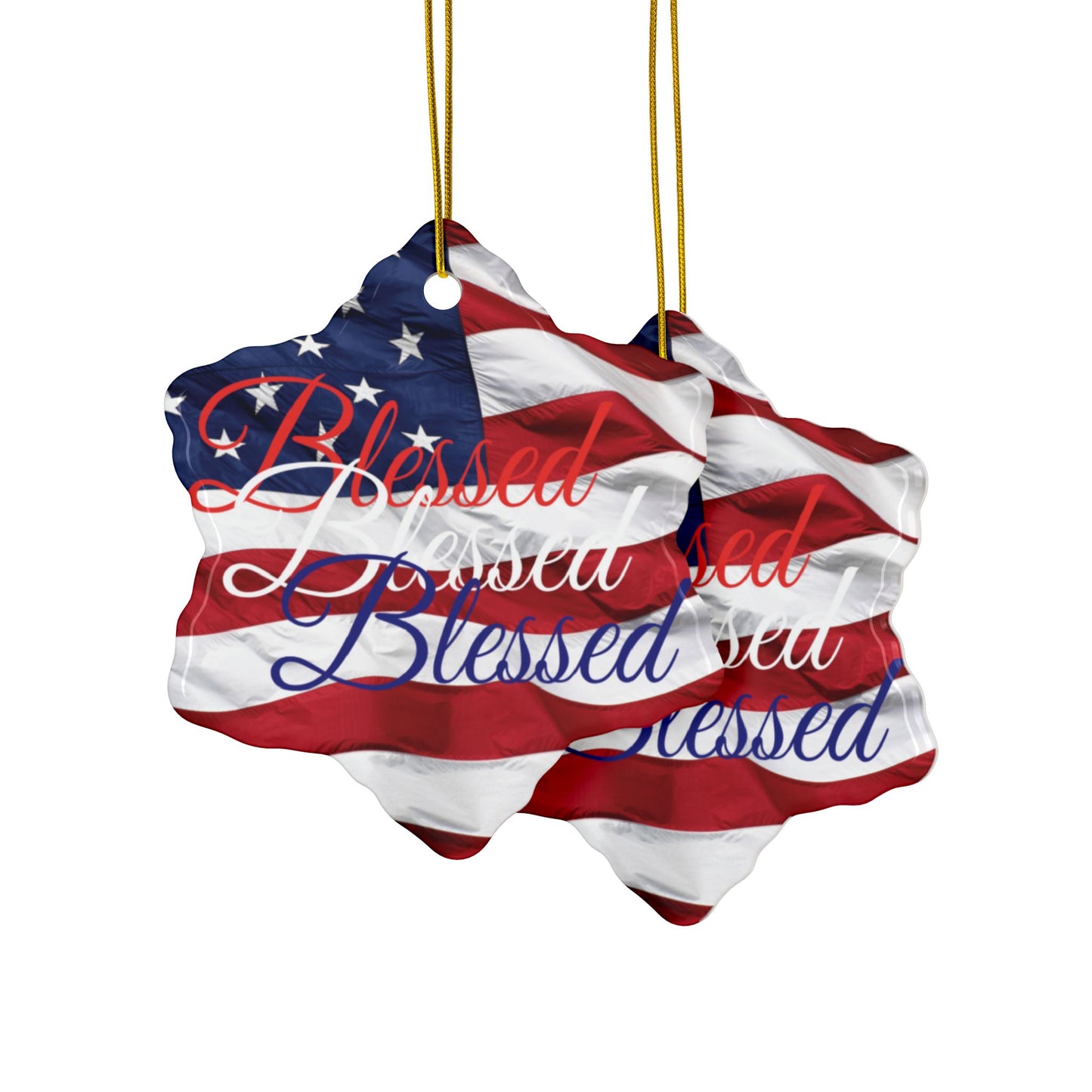 Patriotic Ceramic Ornaments - Blessed Design - American Flag Backdrop - Red White & Blue Blessed Print Design - (Multi-Pack) Options (1, 3, 5, or 10 pieces)