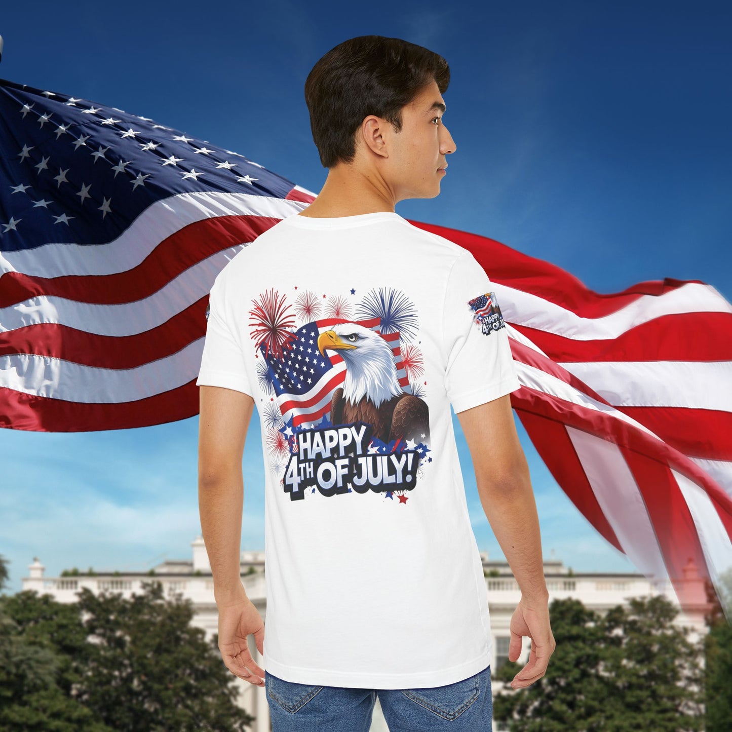 Happy 4th of July,  Print Design, Unisex T-Shirt, Patriotic Print Design, Independence Day Shirt, Red White Blue Shirt, USA Tee Gift, Gift For Her, Gift For Him, American Flag, Bald Eagle