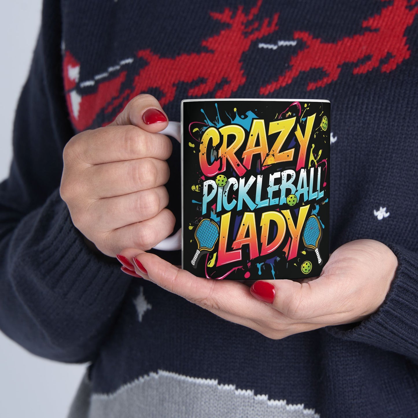 Colorful Crazy Pickleball Lady Mug, 11oz & 15oz, Fun Sports Gift for Pickleball Enthusiasts, Unique Ceramic Coffee Cup, Perfect for Birthdays