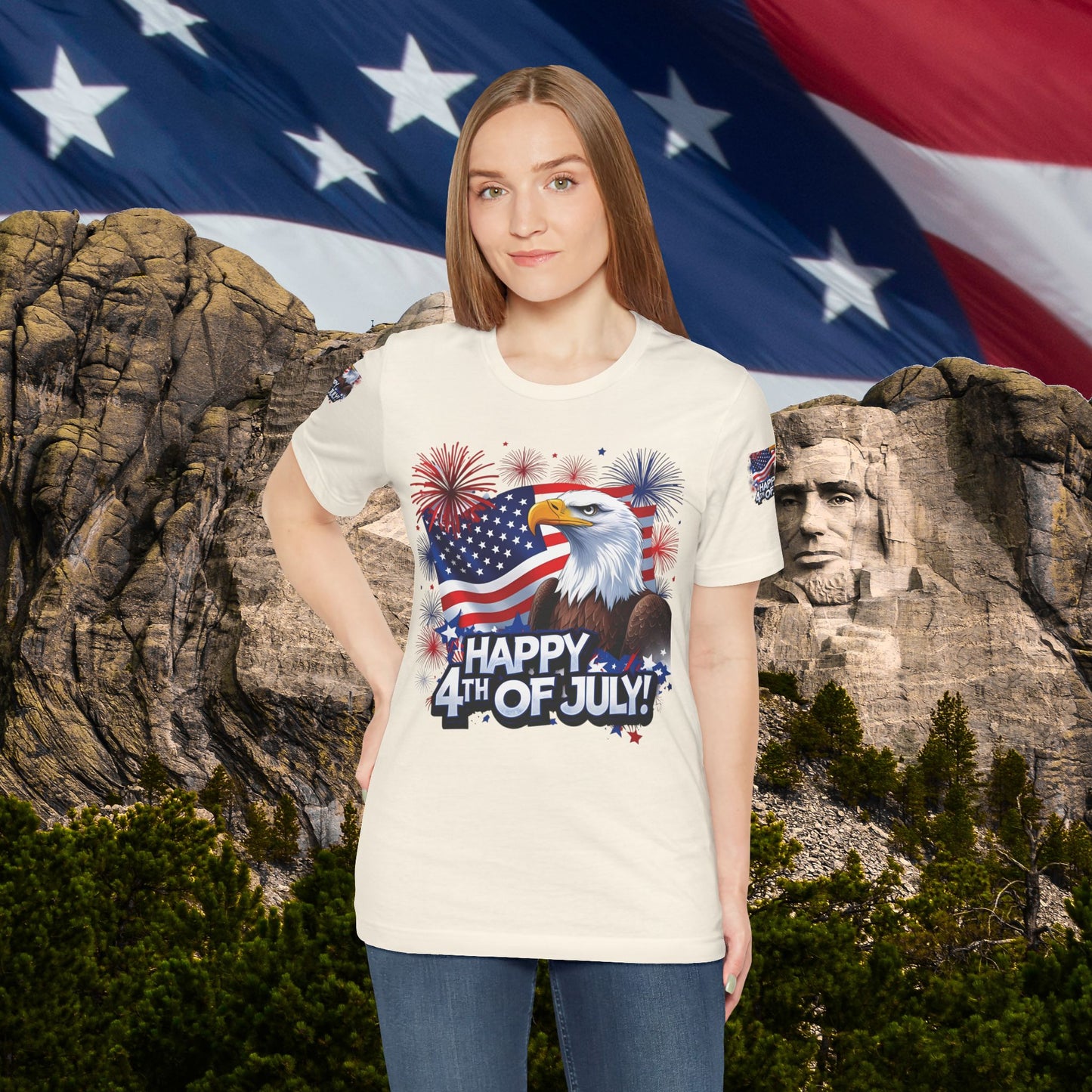 Happy 4th of July,  Print Design, Unisex T-Shirt, Patriotic Print Design, Independence Day Shirt, Red White Blue Shirt, USA Tee Gift, Gift For Her, Gift For Him, American Flag, Bald Eagle